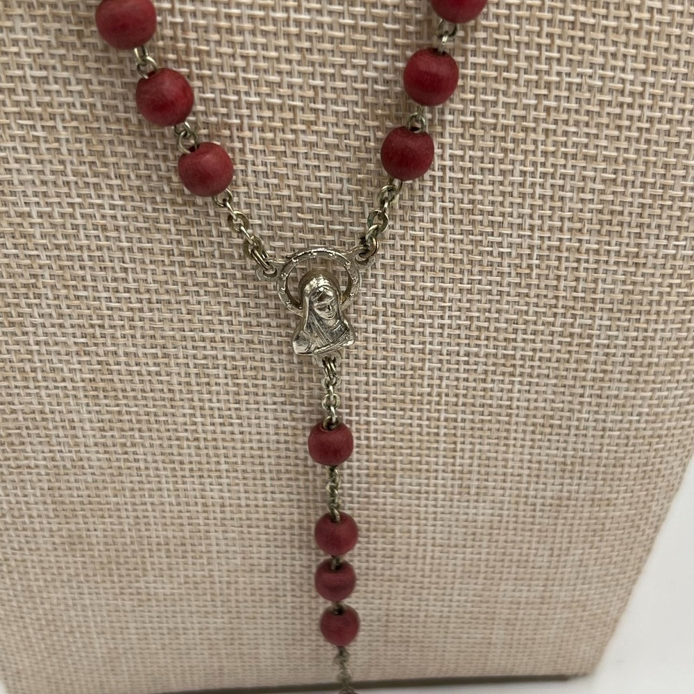 Vintage Catholic Rosary Red Glass Beads Silver Tone Crucifix Italy Prayer Cross